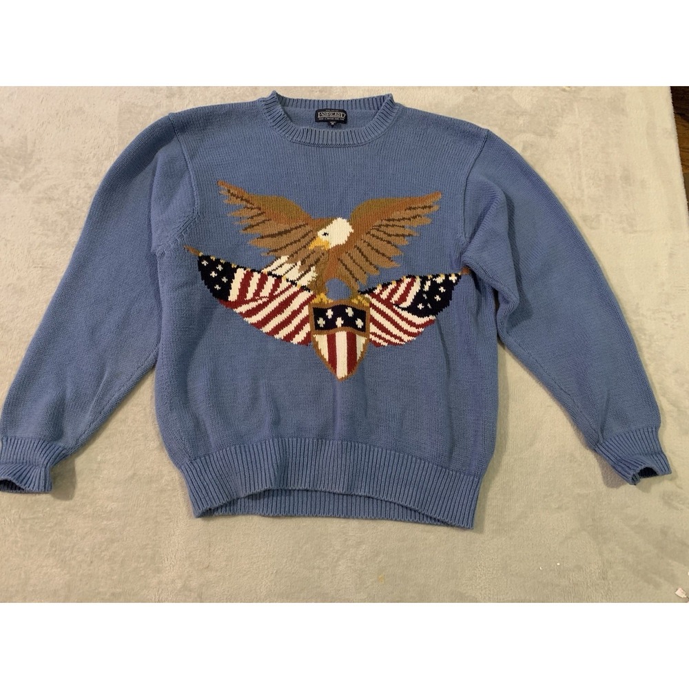 Vintage Lands End Eagle Sweater 1990s Cotton Knit Blue Patriotic Men's Medium